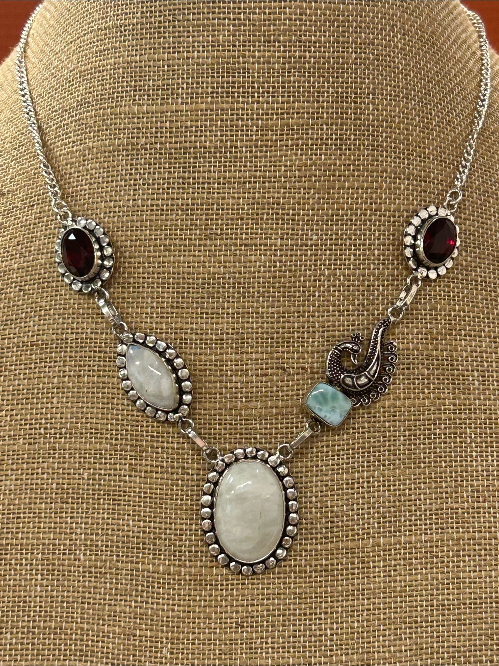 Beautiful Sterling Silver Peacock Garnet Moonstone Larimar necklace